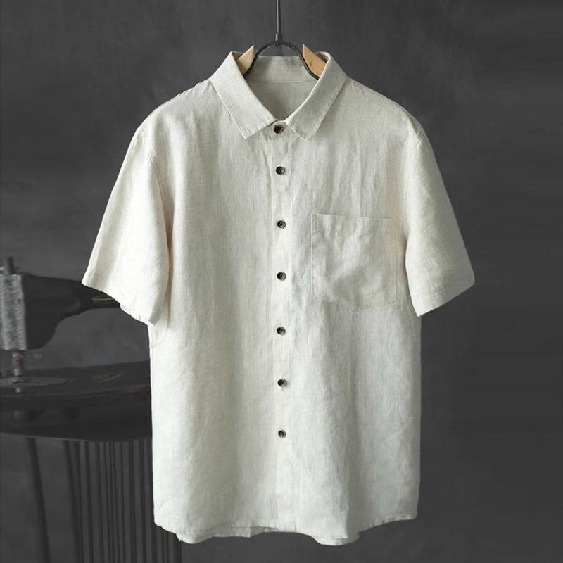 Men's Loose Linen Solid Color Thin Short-Sleeved Beige Shirt
