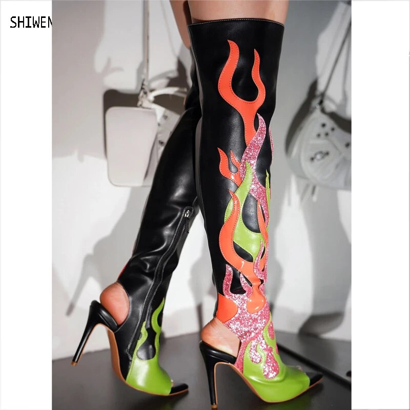 VCshoes Women Patchwork Over The Knee Boots Peep Toe Side Zipper Thin High Heels Concise Party Female Long Boots 44