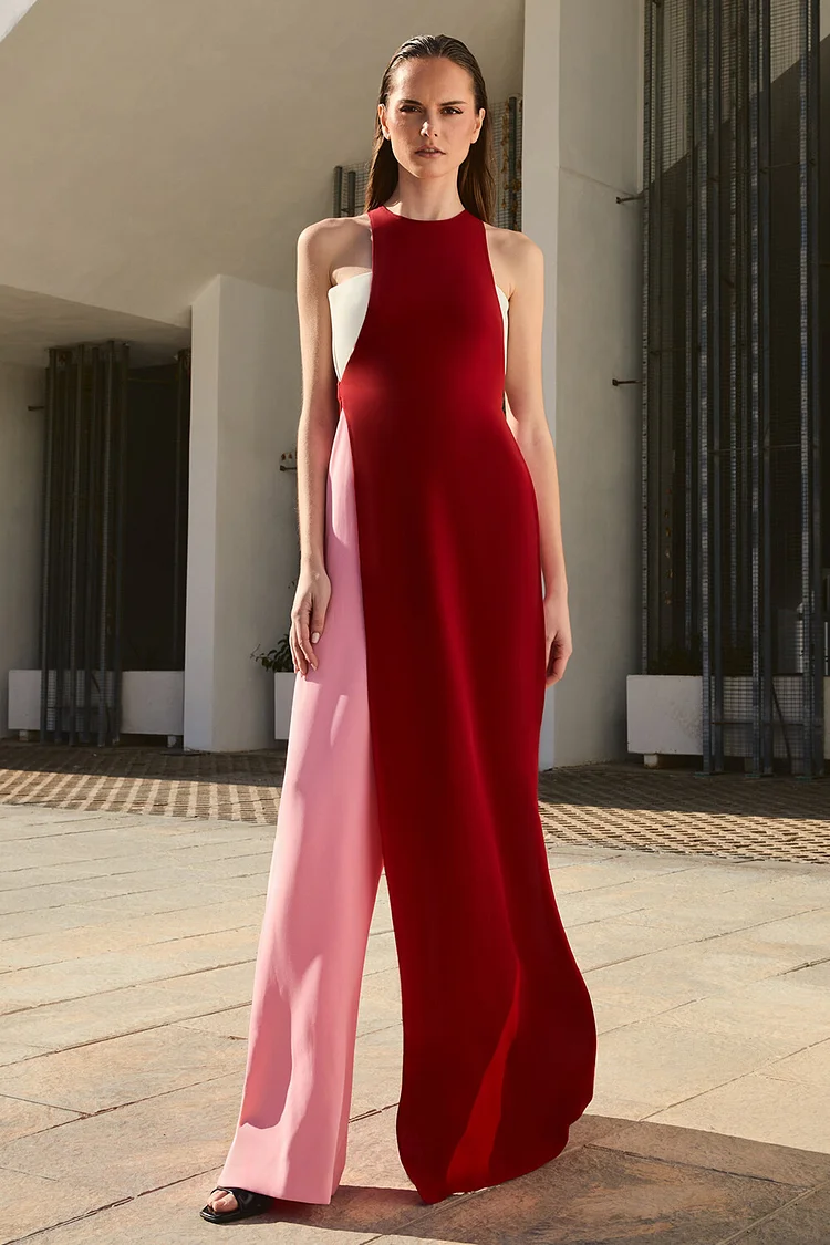 Overlay Design Sleeveless Colorblock Jumpsuit-Red [Pre Order]