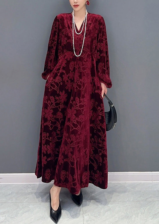 VCSHOES Red V Neck Jacquard Patchwork Velour Dresses Fall