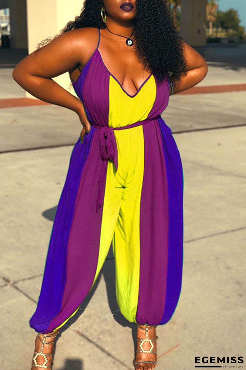 Yellow Casual Striped Print Patchwork Spaghetti Strap Plus Size Jumpsuits | EGEMISS