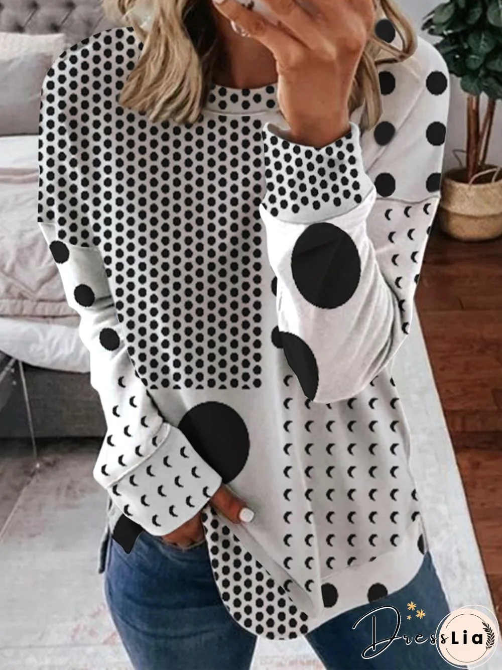 Polka Dots Long Sleeve Crew Neck Plus Size Casual Sweatshirts