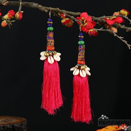 Retro national style contrast color pommel Earrings exaggerated personality Bohemian holiday long tassel temperament Earrings women