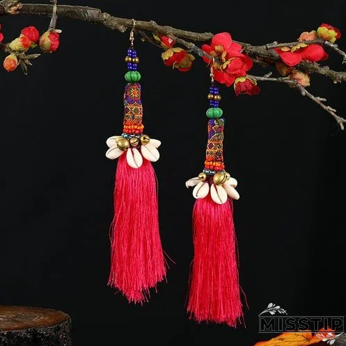 Retro national style contrast color pommel Earrings exaggerated personality Bohemian holiday long tassel temperament Earrings women
