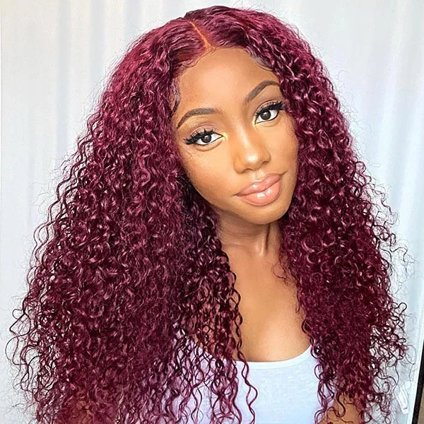 Junoda 99J T Part Lace Wig Burgundy Wine Red Kinky Curly Human Hair Wigs for Women