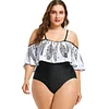 Plus Size Swimwear Women Feather Printed Open Shoulder Large Size 1 One Piece Swimsuit Plus Size Bodysuit Large Size 3XL 4XL