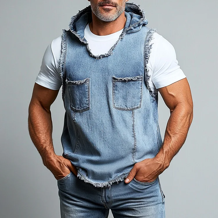 Men's Denim Raw Edge Chest Pocket Sleeveless Hooded Vest