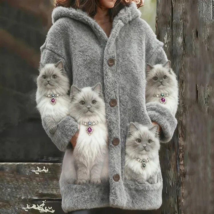 Cat Wearing Pearl Necklace Thick Hooded Cardigan Long Sweater