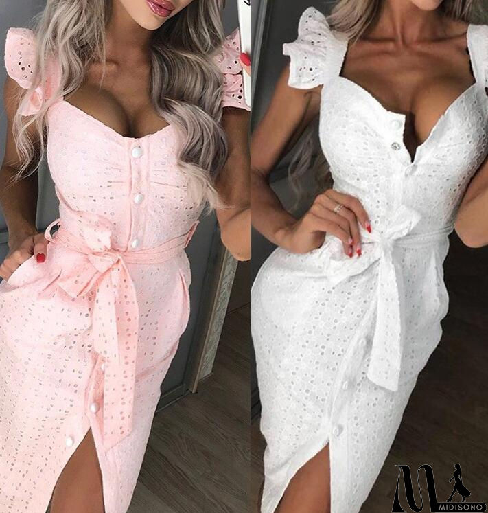 MidiSono - Solid Color Belt Stitching Embroidered Dress