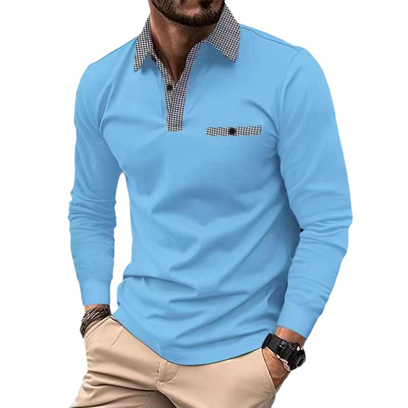 Mature Men Leisure Plaid Lapel Polo Shirt Fashion Solid Color Long Sleeve Tops