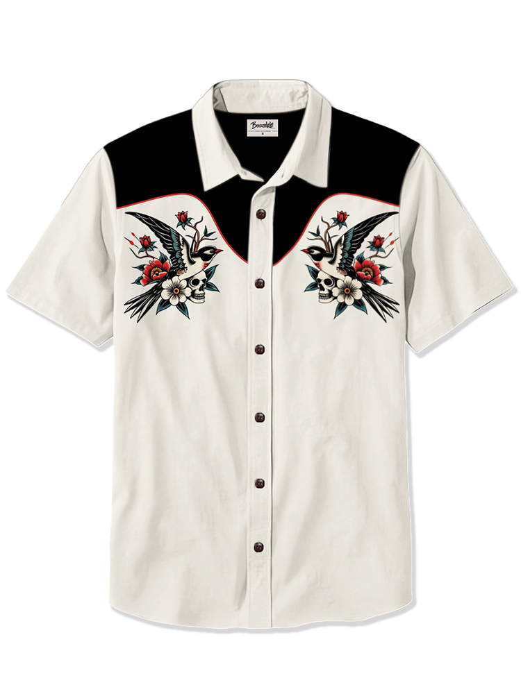 Retro Tattoo Skull And Bird - 100% Cotton Shirt