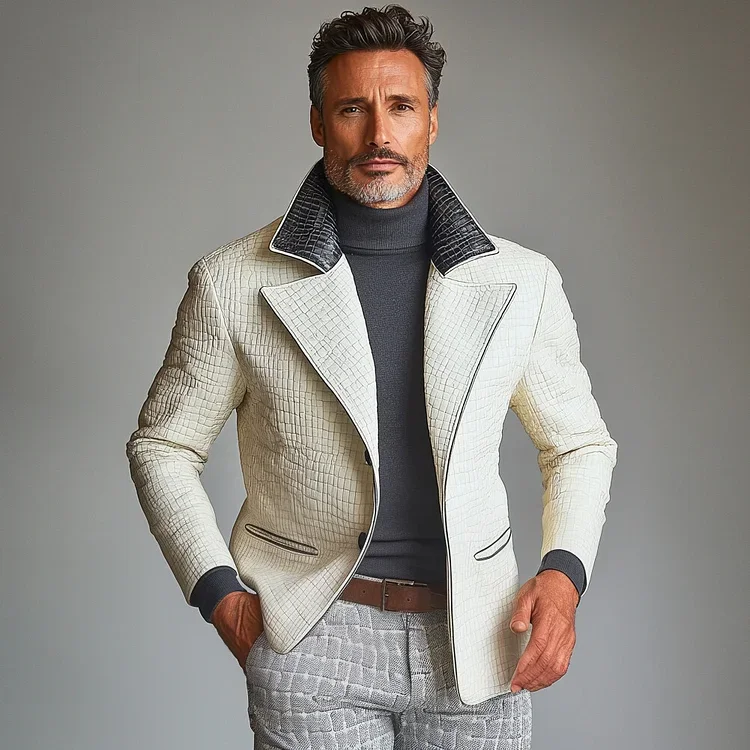 Mens PU Leather Crocodile Pattern Contrast Color Notched Lapel Bu-inspireuse