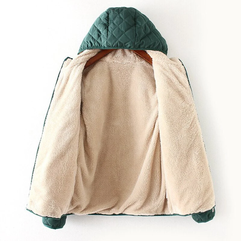 FTLZZ Winter Casual Short Cotton Coats Women Hooded Diamonds Partern Artificial Fleece Inside Outwear Femme Slim Overcoat