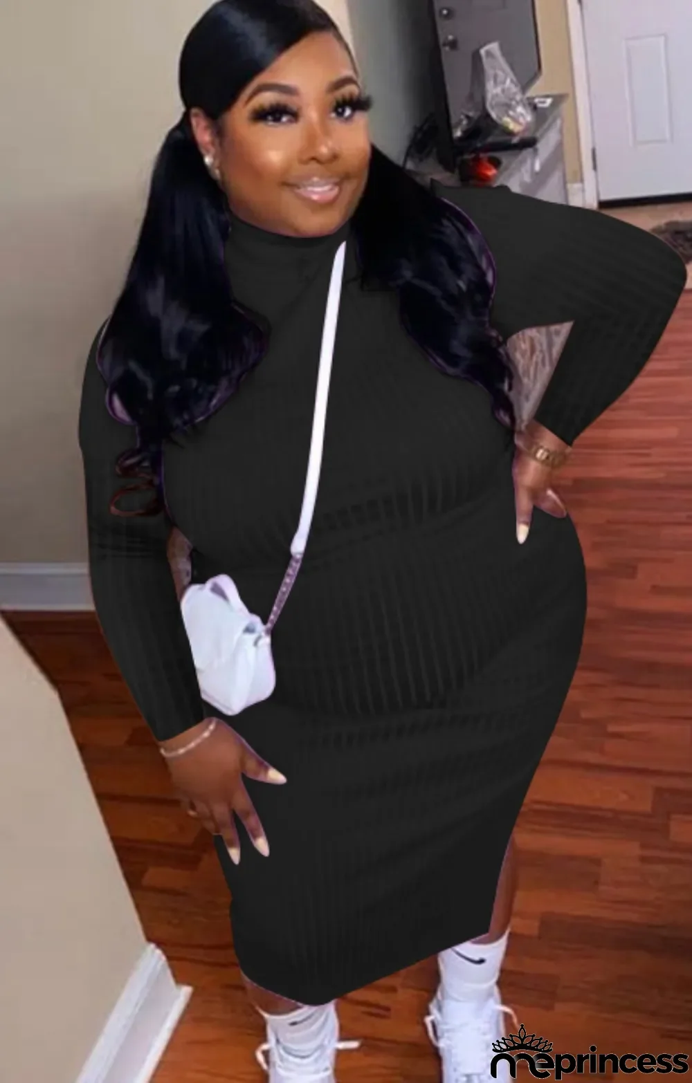 Fall Plus Size Black Knit Turtleneck Midi Bodycon Dress
