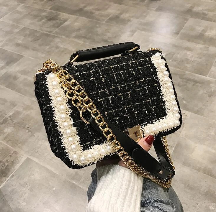 2021 Fashion New Female Square Tote bag Quality Woolen Pearl Women's Designer Handbag Ladies Chain Shoulder Crossbody Bag Travel