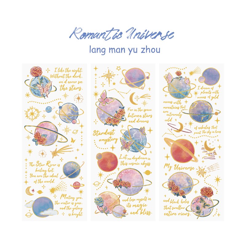 Journalsay 3 Sheets Galaxy Rose Poetry Series Literary Three-dimensional Bronzing PET Sticker