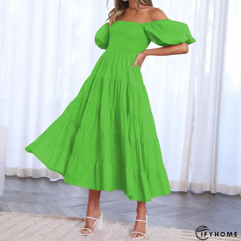 Summer Women's Fashion Loose Off Shoulder Puff Sleeve A-Line Midi Dress | IFYHOME