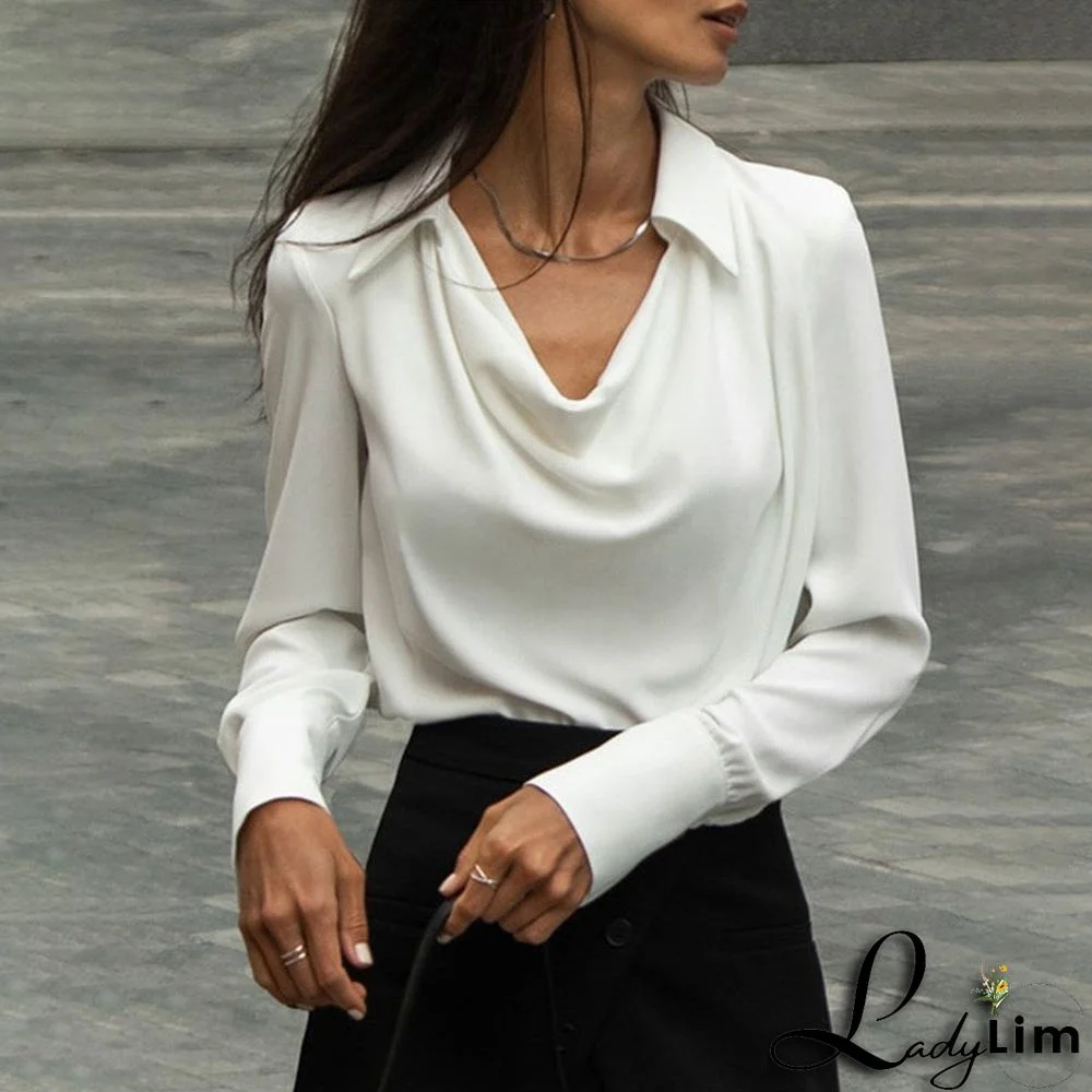 Cream White Cowl Neck Fold-Over Collar Blouse Top