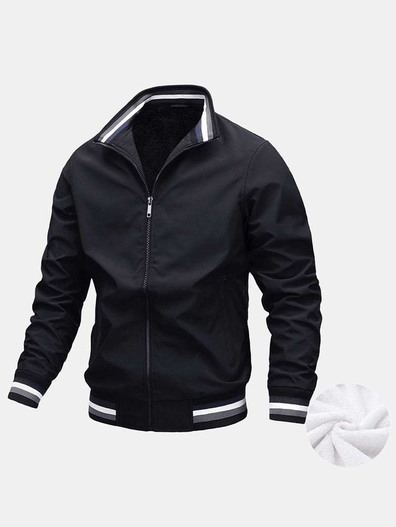Mens Simple Solid Color Warm Plush Lined Jacket with Pocket
