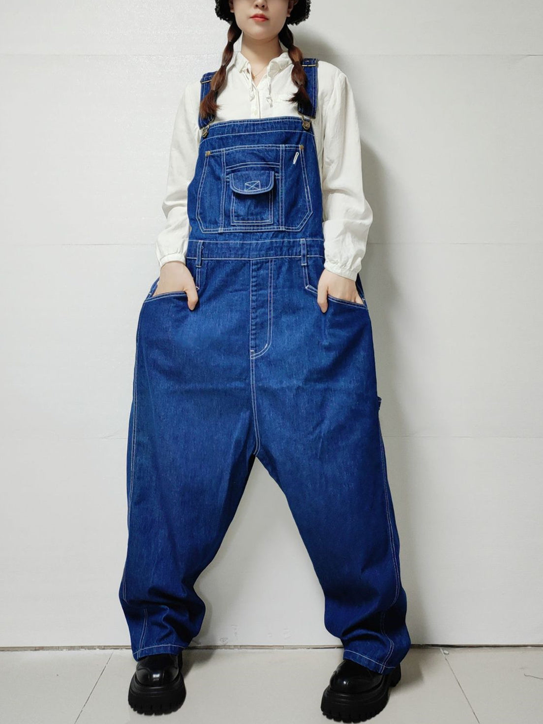 Women's Casual Retro Wide-leg Workwear Denim Overalls Jumpsuit