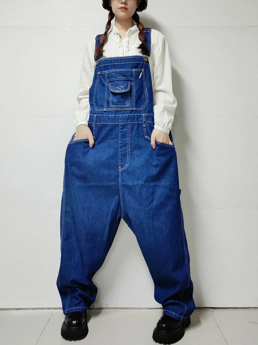 Women's Casual Retro Wide-leg Workwear Denim Overalls Jumpsuit