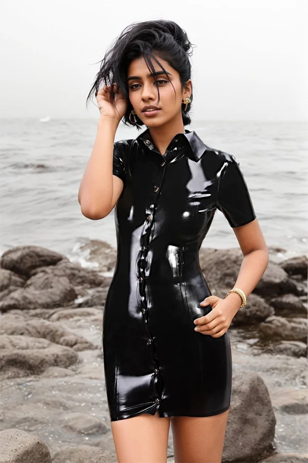 Women Latex Dress Elegant Black Mini Dress with Buttons