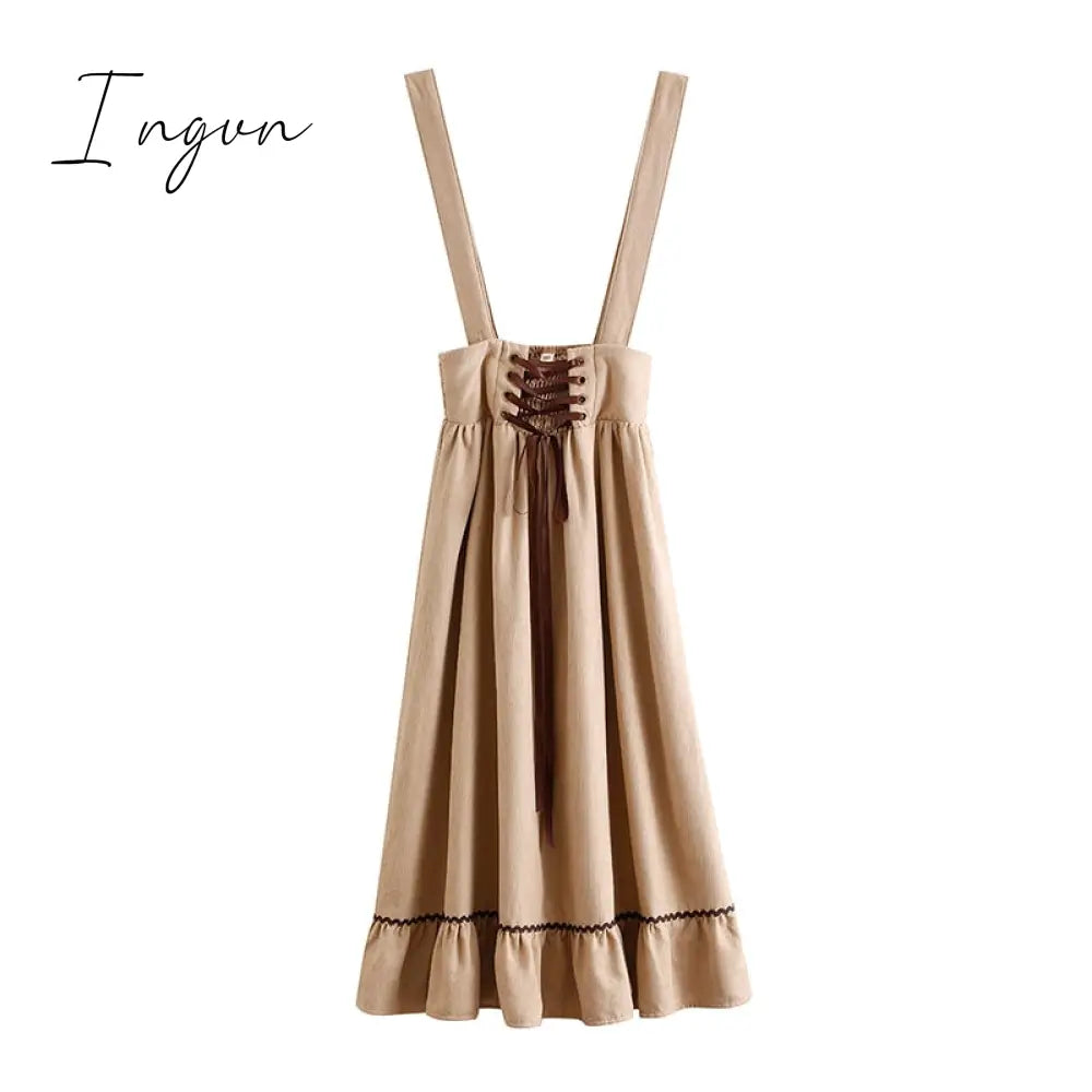 Ingvn - Spring Summer Women Long Midi Suspender Skirt Teen Girls Preppy Style Cute Lace - Up High
