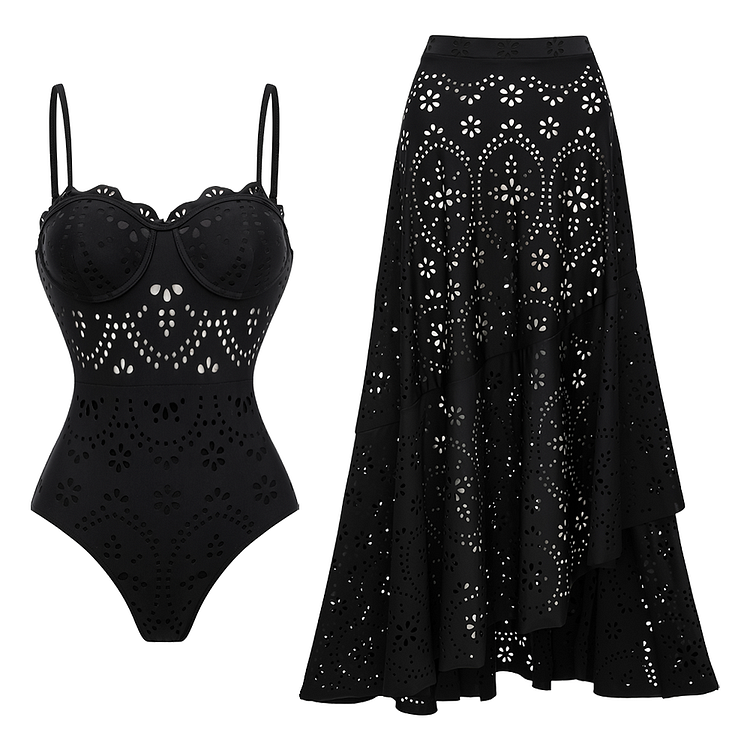 Black Laser Cut Hollow One Piece Swimsuit and Skirt