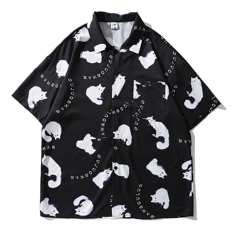 Vintage Cartoon Cat Letter Print Pocket Loose T-Shirt - Modakawa Modakawa