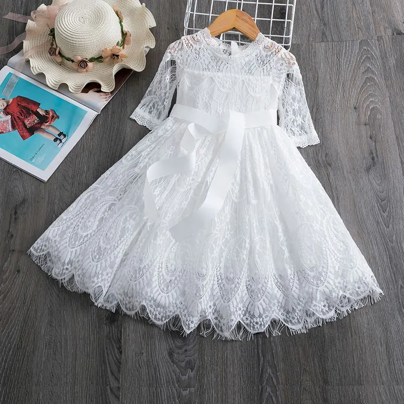 Spring Girls Clothing Elegant Lace Wedding Dress Flower Girls Dress Princess Party Pageant Tulle Gown Kid Girls Clothes 3-8Years