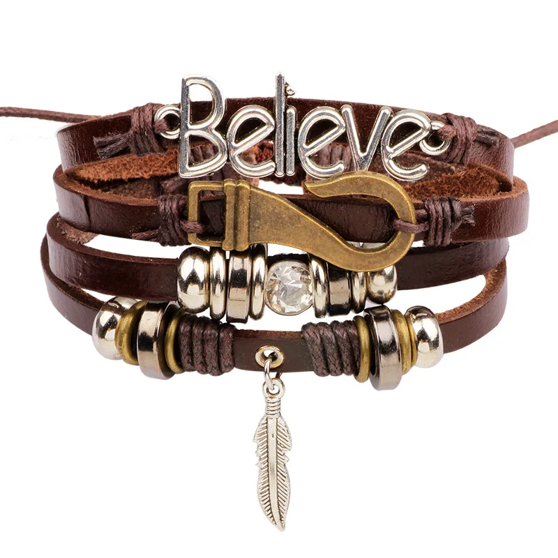 Believe Feather Hook Braided Leather Bracelet