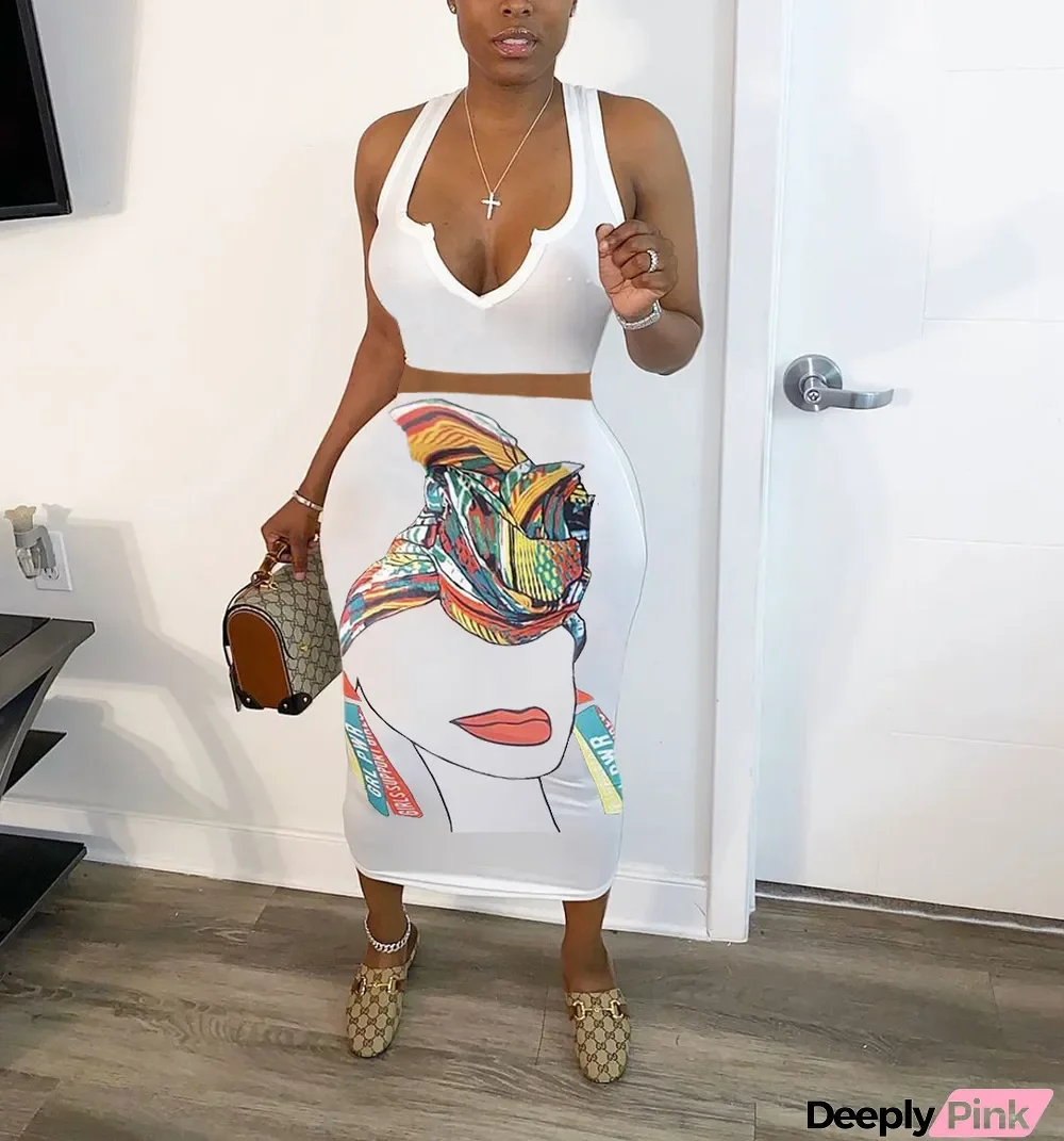 Character Print Sleeveless Long Skirt 2 Piece Sets
