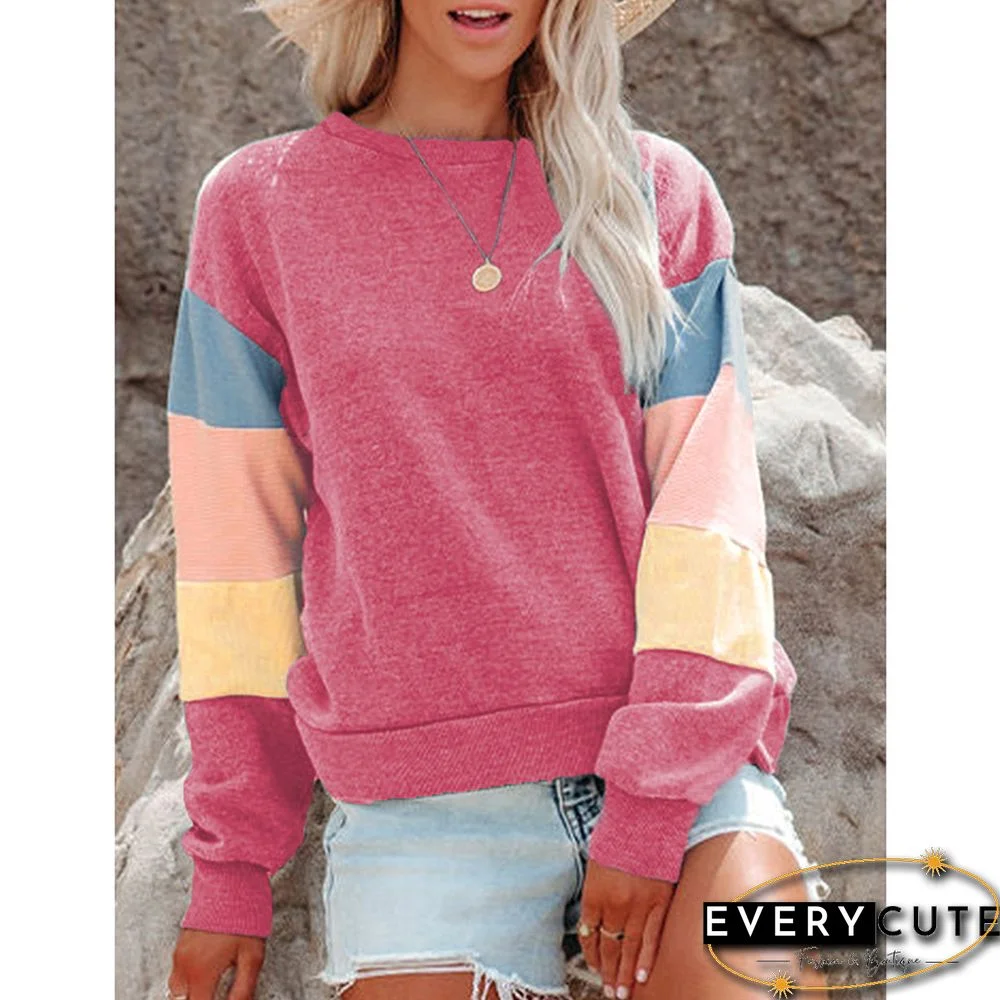Pink Contrast Crew Neck Long Sleeve Sweatshirt