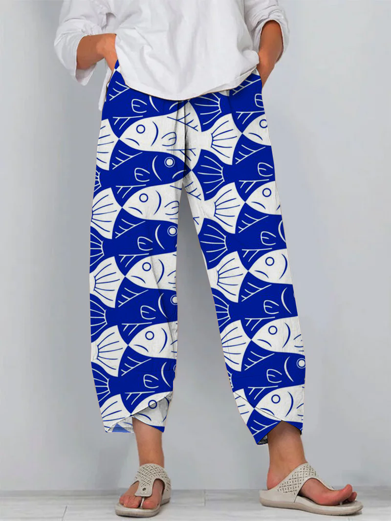 Japanese Purple Sardines Art Print Cropped Pants