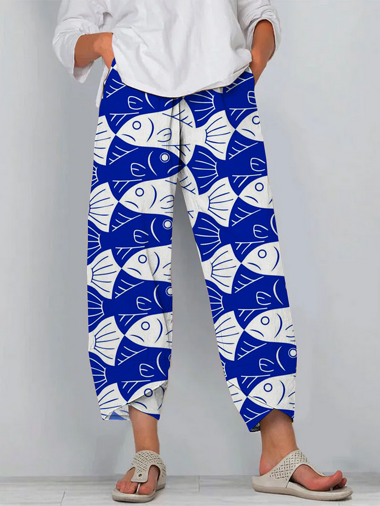 Japanese Purple Sardines Art Print Cropped Pants