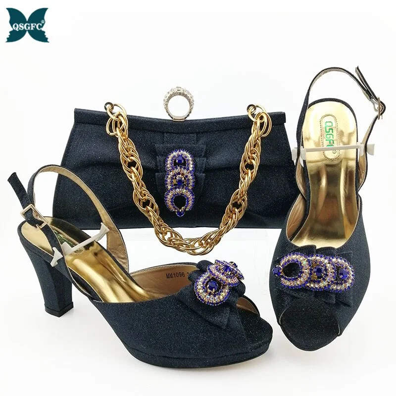 Latest Design Women Italian African Party Pumps Shoes and Bag Set Decorated with Rhinestone Women Shoes and Bag Set In Blue
