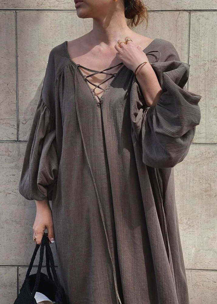French Brown V Neck Backless Lace Up Cotton Long Dress Lantern Sleeve