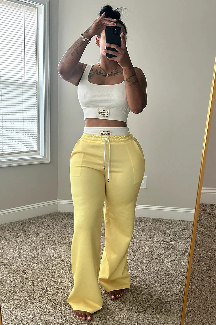 Square Neck Crop Tank Top Wide Leg Pants Casual 2pcs Set-Yellow [Pre Order]