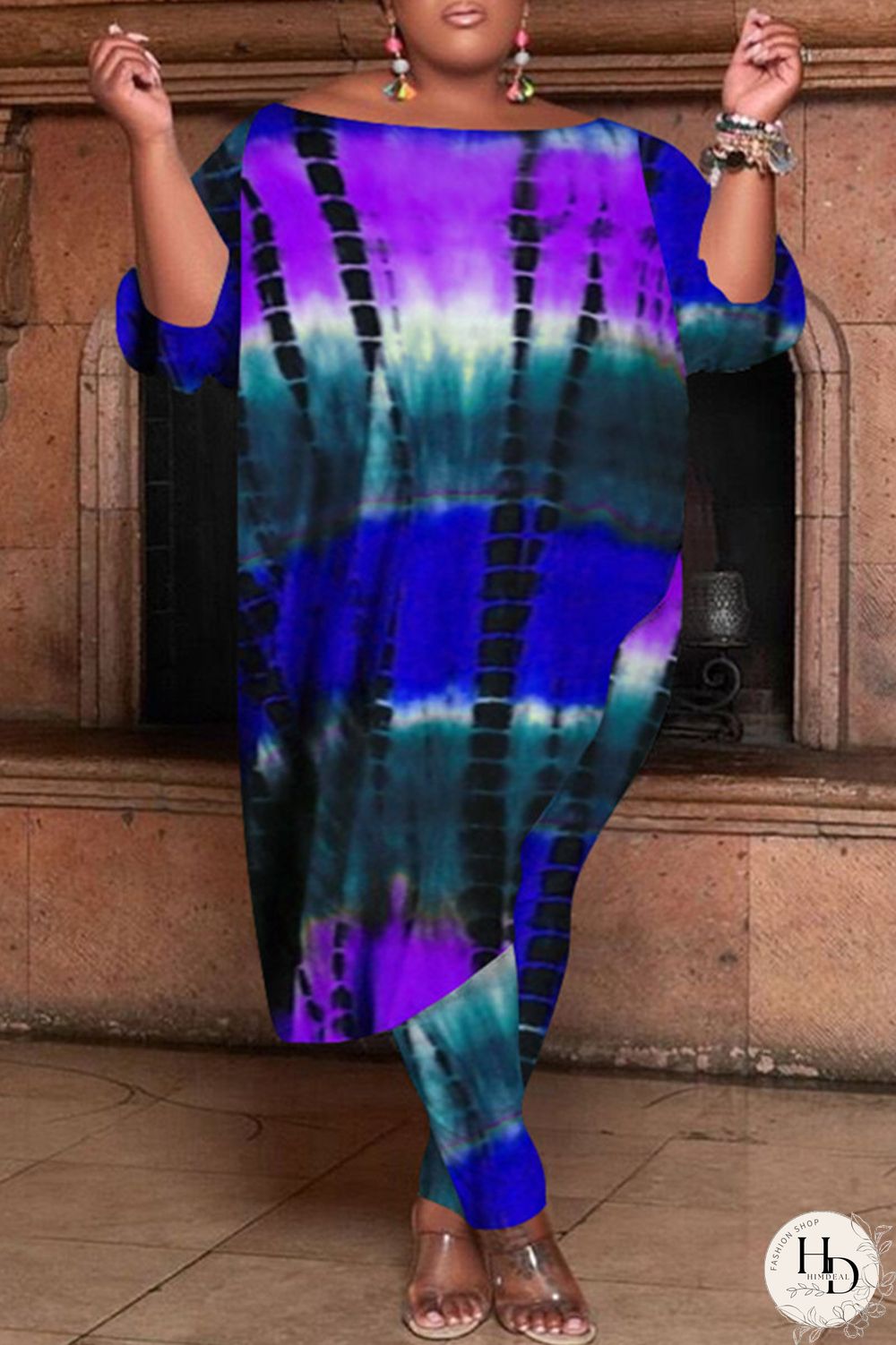 Yellow Fashion Casual Tie Dye Asymmetrical O Neck Plus Size Two Pieces