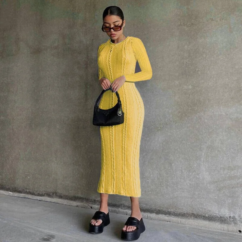 Hugcitar 2021 Women Fall Winter Fashion Bodycon Stripe O Neck Pure Color Long Sleeves Maxi Dress Female Sexy Outfits Streetwear