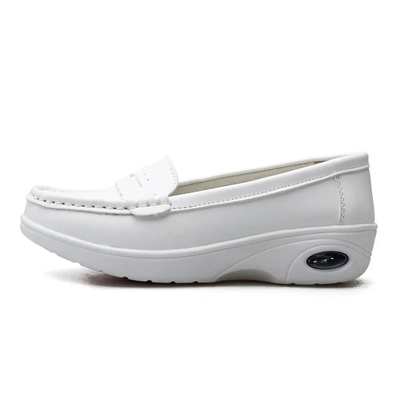 Qengg Spring Loafers Flats Women Ladies Solid White Air Cushion Nursing shoes Casual Shoes Slip-on Boat Deck shoesE981