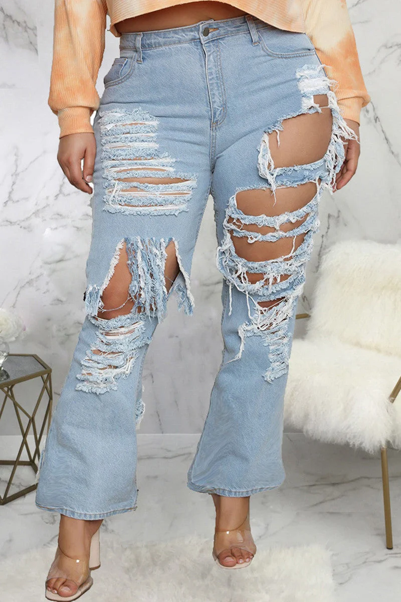Fashion Casual Solid Ripped Mid Waist Regular Denim Jeans