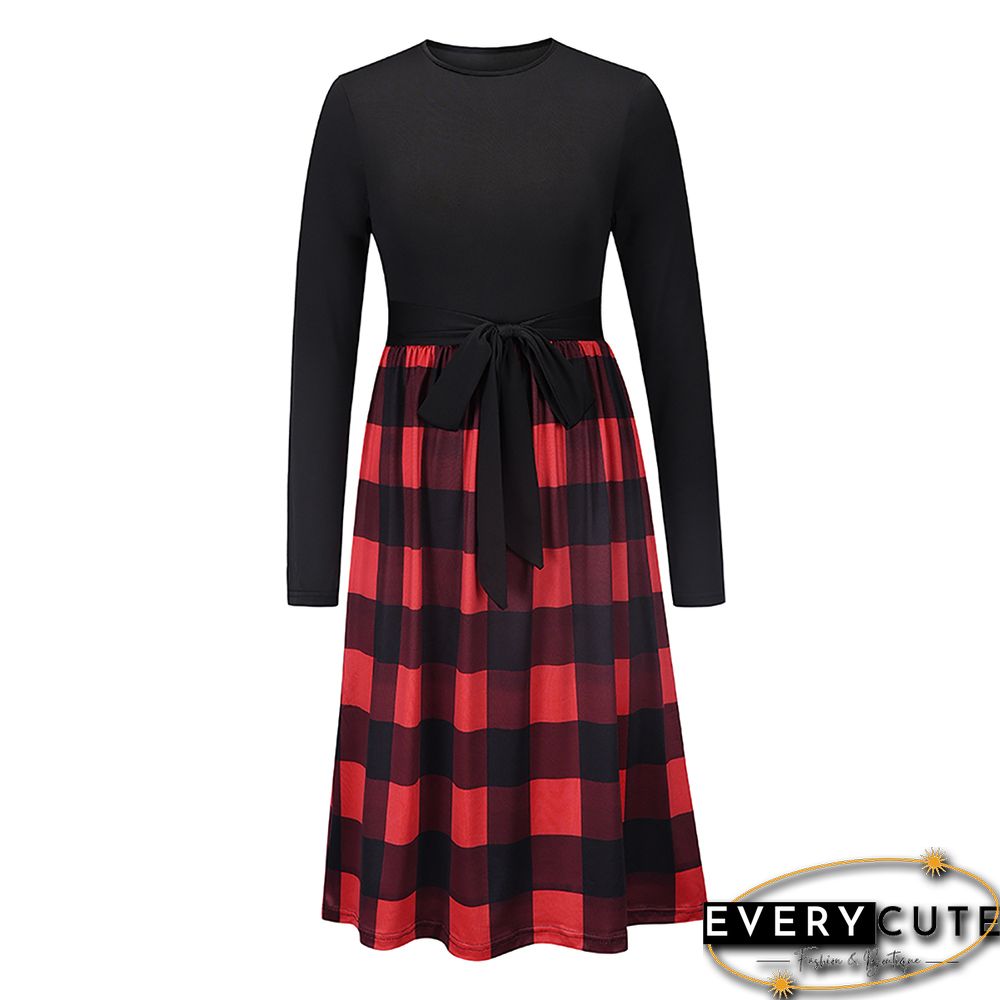Red Splice Plaid Tie Waist Long Sleeve Dress