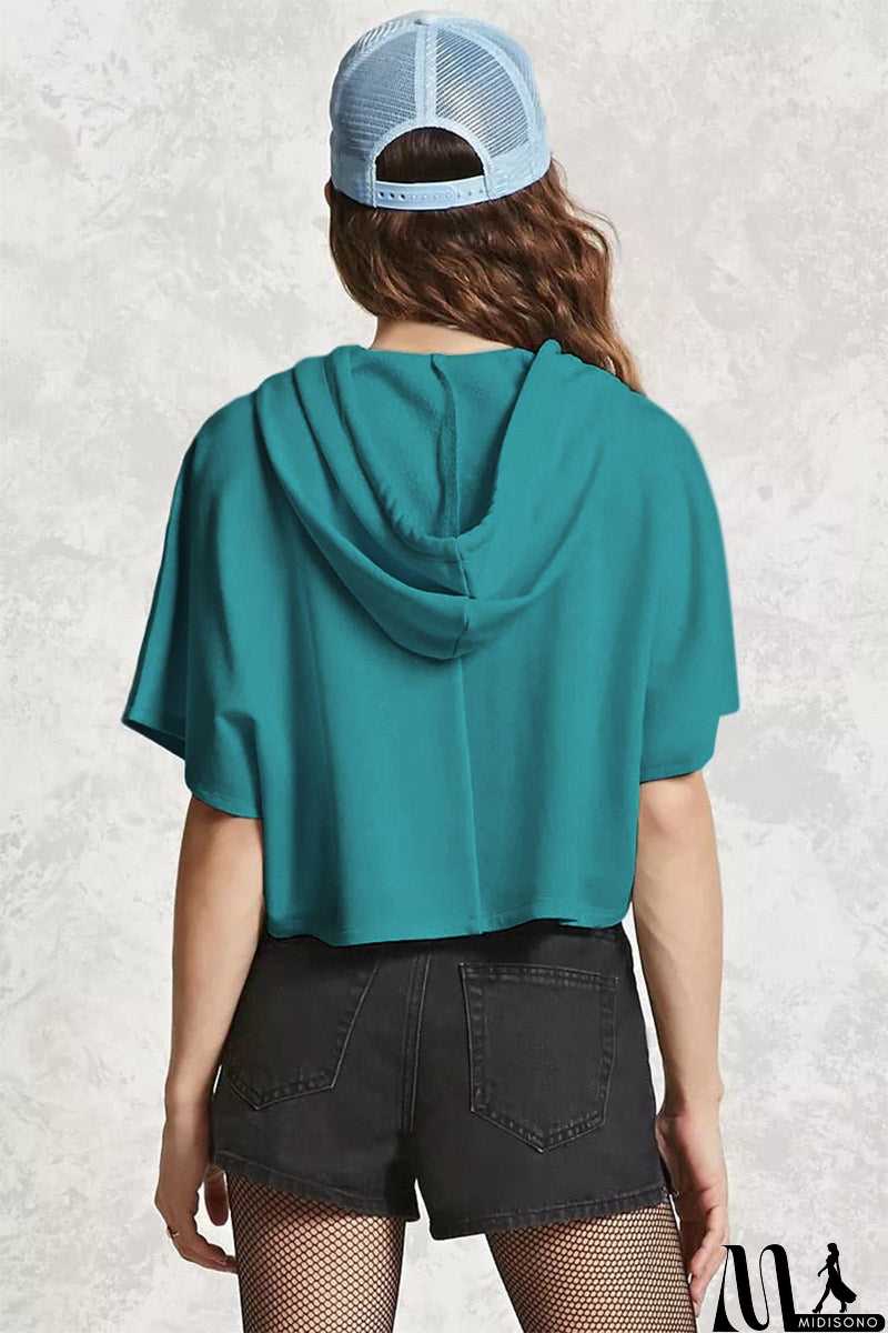 MidiSono - Solid Drawstring Hooded Sweatshirt With Short Sleeves