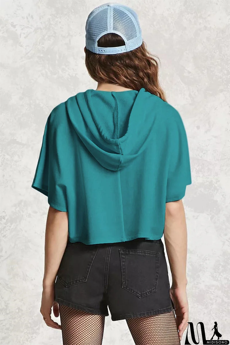 MidiSono - Solid Drawstring Hooded Sweatshirt With Short Sleeves