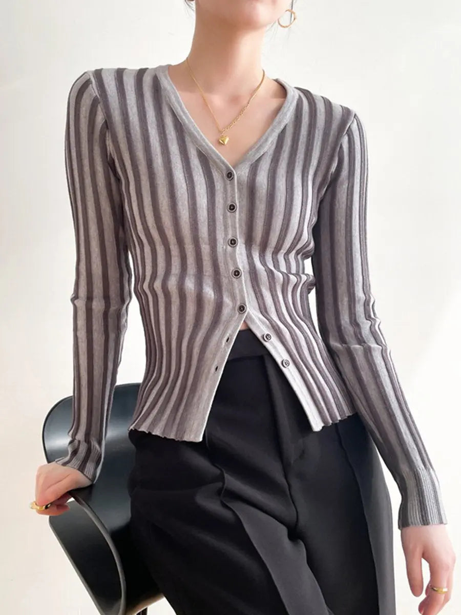 V Neck Striped Color Contrast Knit Cardigan