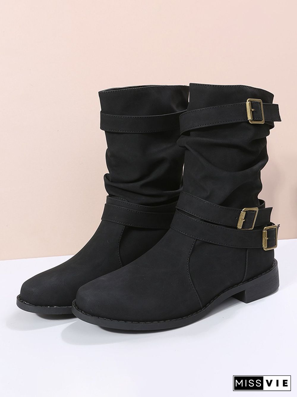 Ruched Buckle Casual Leather Booties