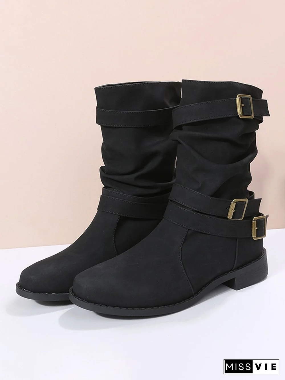 Ruched Buckle Casual Leather Booties