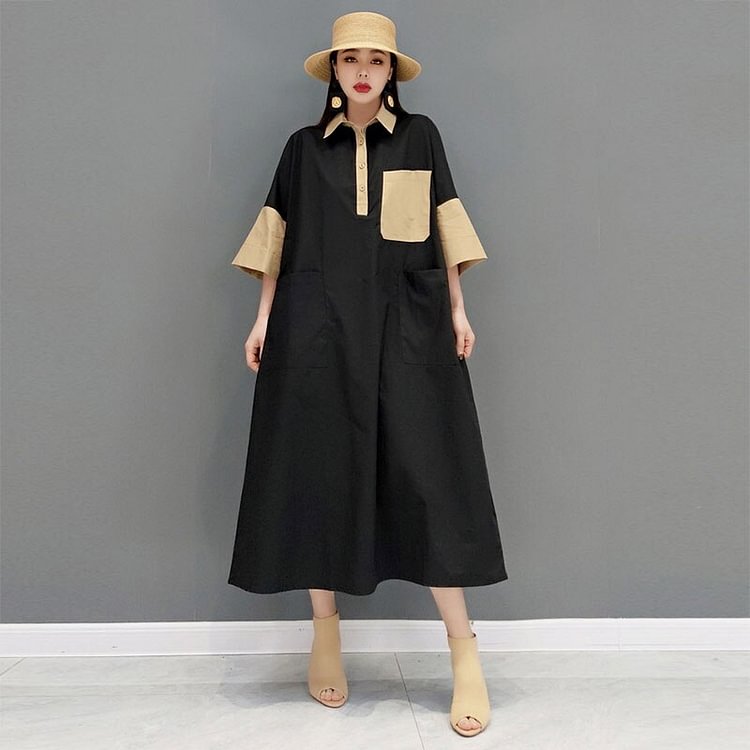 Simple Loose Turn-down Collar Contrast Color Patchwork Half Sleeve Dress    