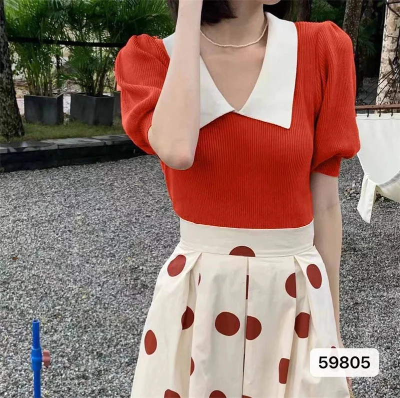 Uveng Uveng Retro Bubble Sleeve Knitted T-Shirt Women Design Small Short Top Summer New Ice T-Shirt Tide